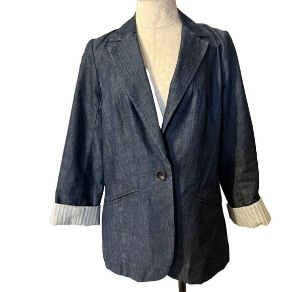 Trina Turk Blue Denim Jacket 6 Small Cotton Rolled Cuff Lightweight - Picture 2 of 9